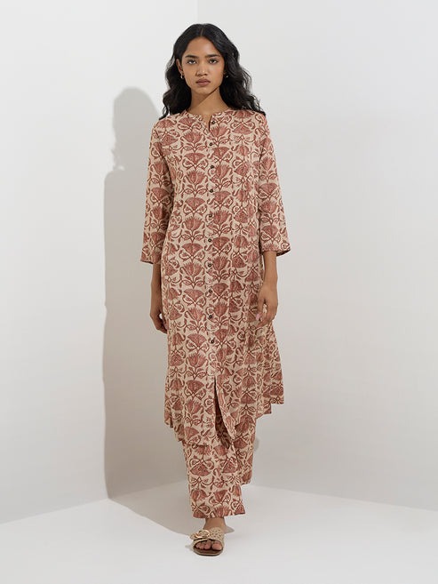 Utsa Brown Floral Design A-Line Kurta