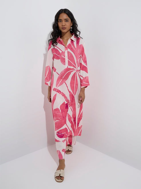 Utsa Pink Foliage Printed A-Line Kurta