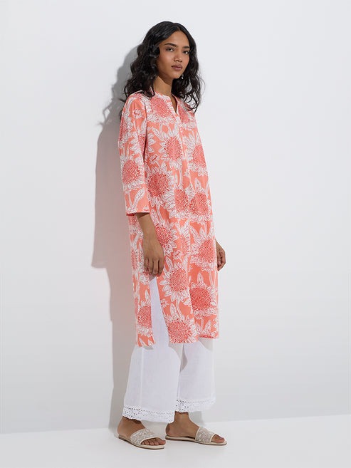 Utsa Coral Floral Design Cotton Straight Kurta