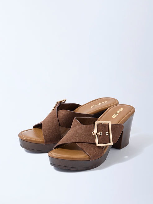 LUNA BLU Brown Criss-Cross Block Heel Sandals