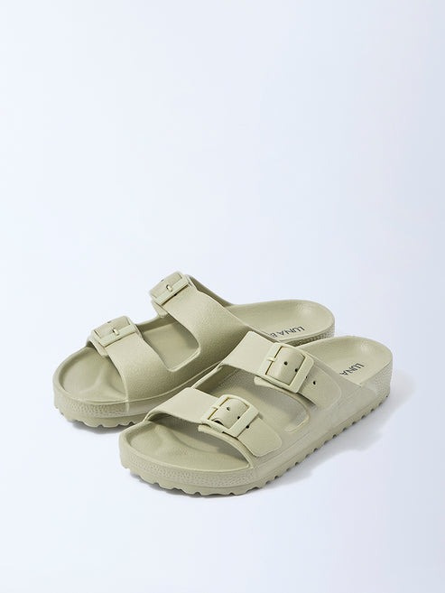 LUNA BLU Green Dual-Buckled Slip-On Sandals