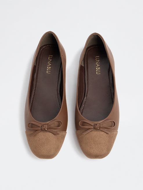 LUNA BLU Brown Suede Bow-Detail Ballerinas
