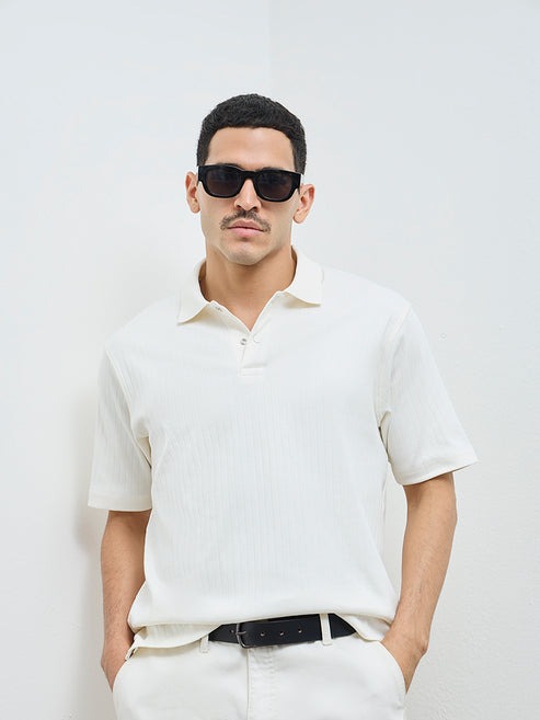WES Casuals Off-White Self-Striped Slim-Fit Cotton-Blend Polo T-Shirt