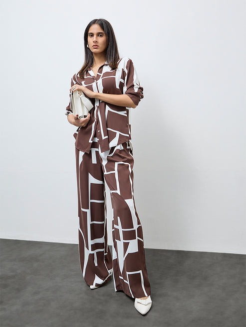 Wardrobe Brown Abstract Design High-Rise Pants